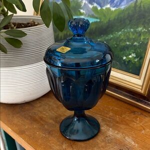Vintage Viking Bluenique Art Glass Candy Dish Jar 6 Petal 8” Tall